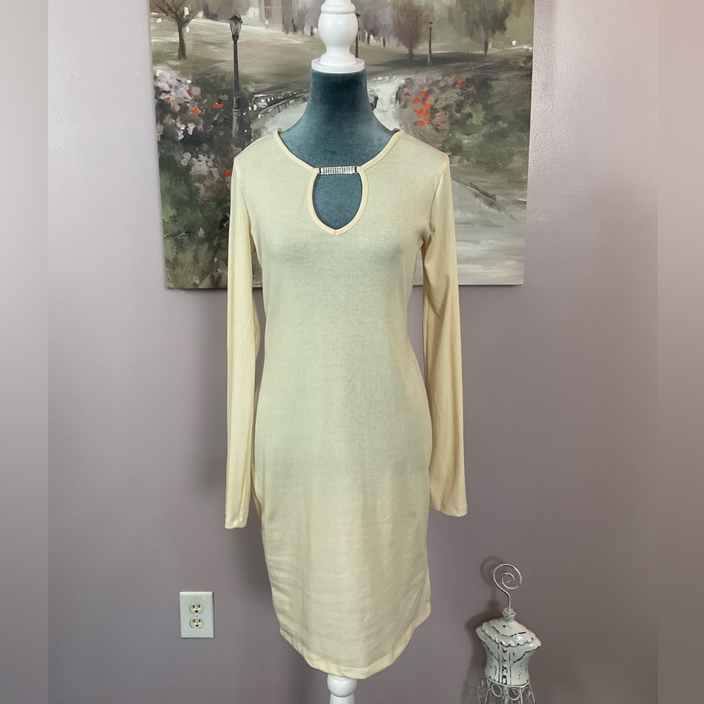 Heart Hips Cream Long Sleeve Dress w/Rhinestone Detail. NEW!